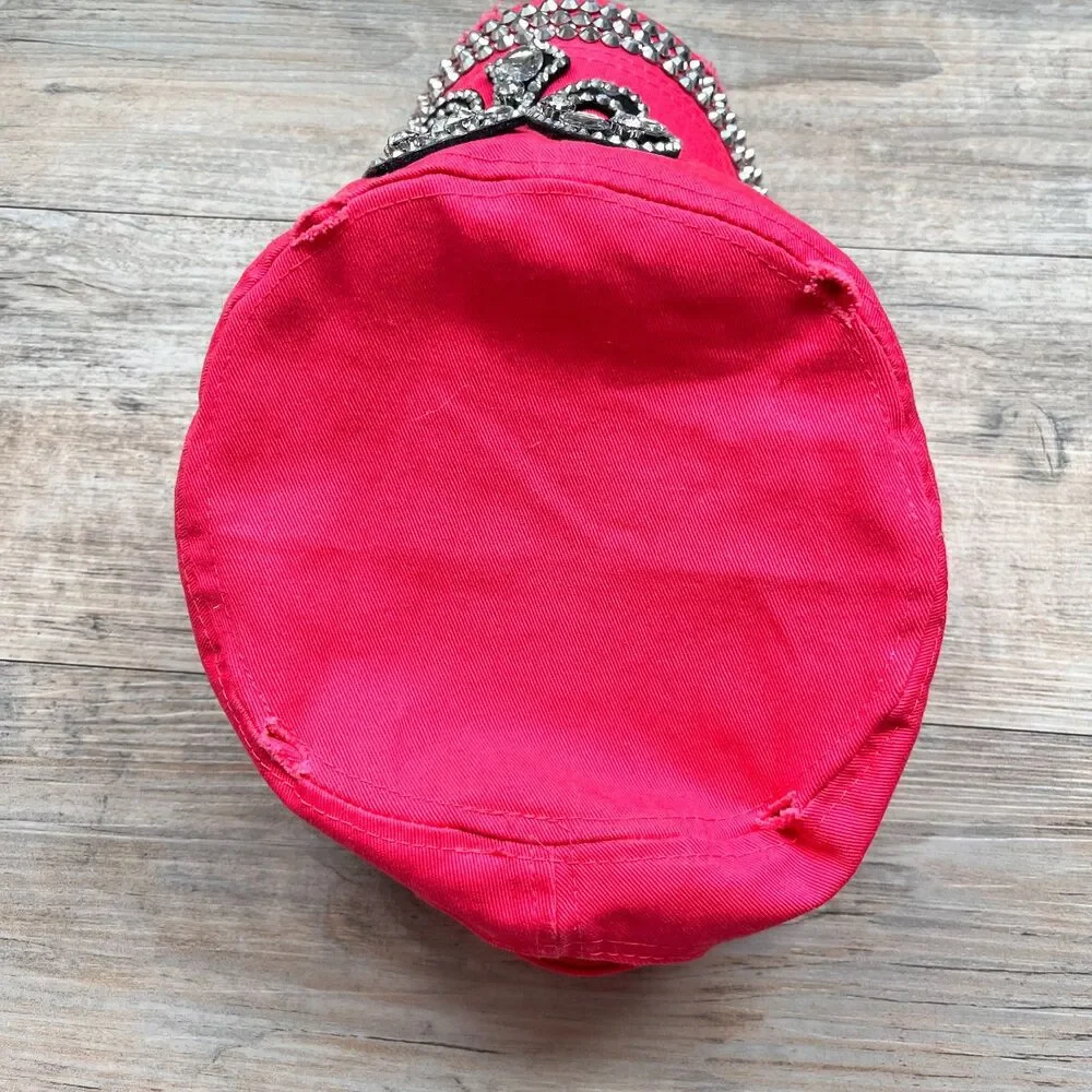 Y2K Hot Pink Rhinestone Fleur De Lis Cap Bling Studded Hat Adjustable Vintage